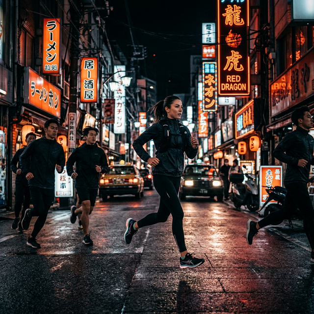 Runners at night in neon city